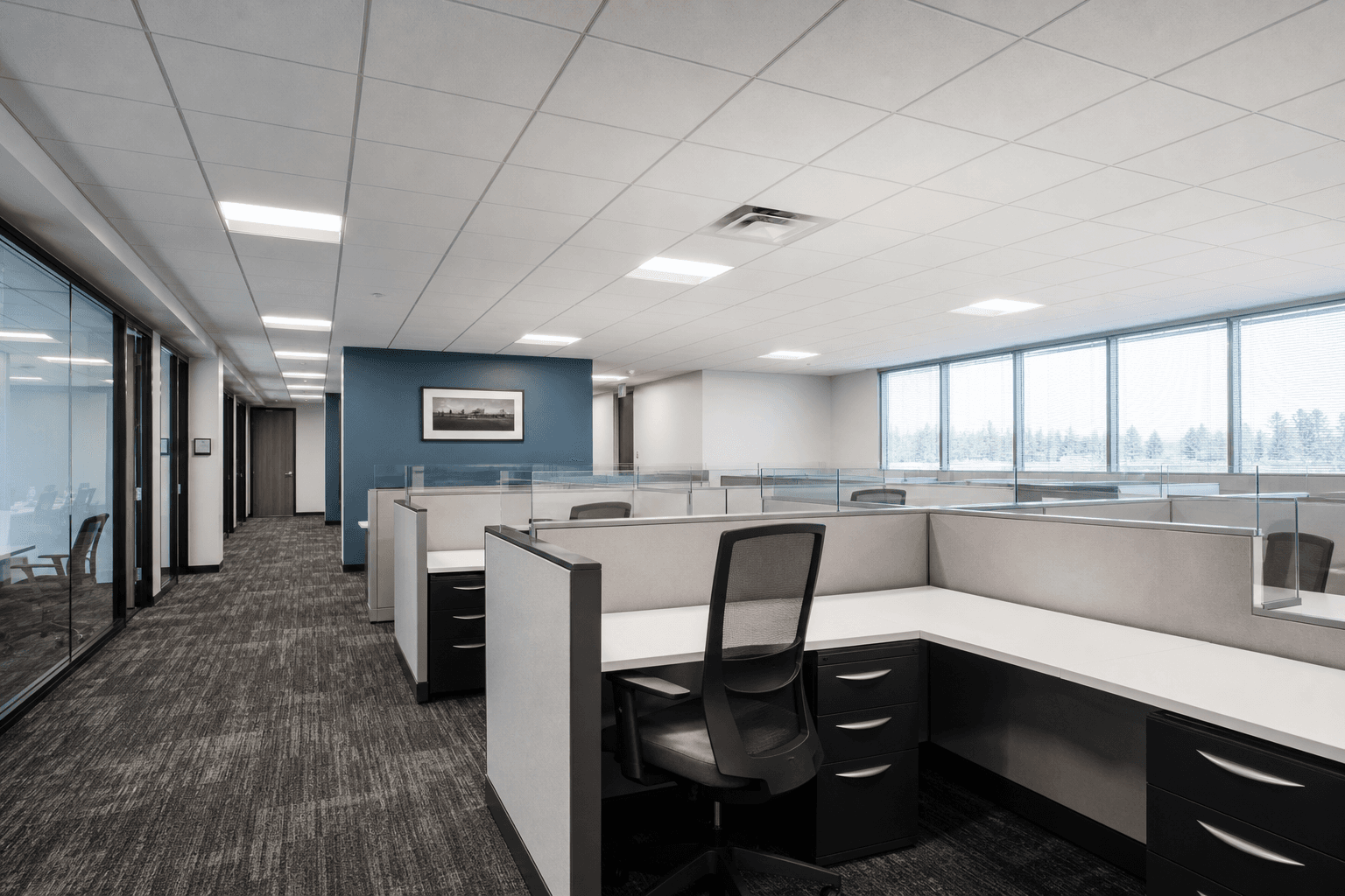 Restored commercial office interior after water mitigation and rebuild