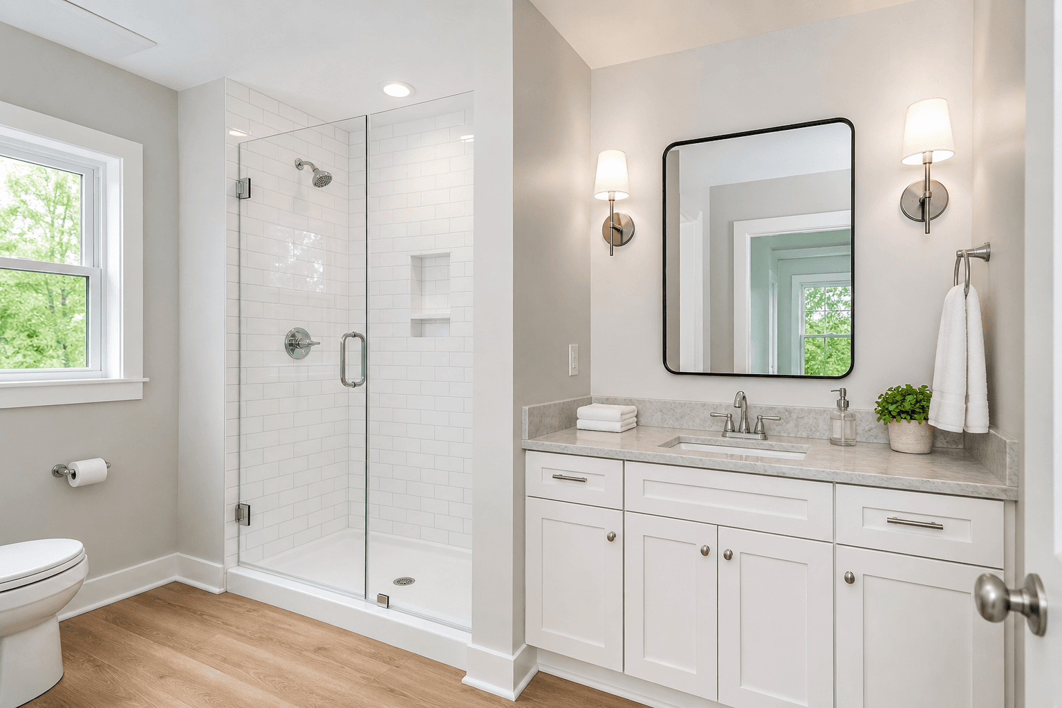 Clean renovated bathroom after mold remediation and rebuild