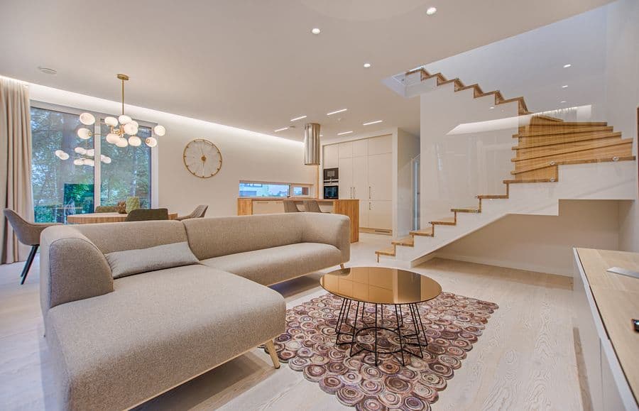 Restored open-concept living space after storm interior rebuild