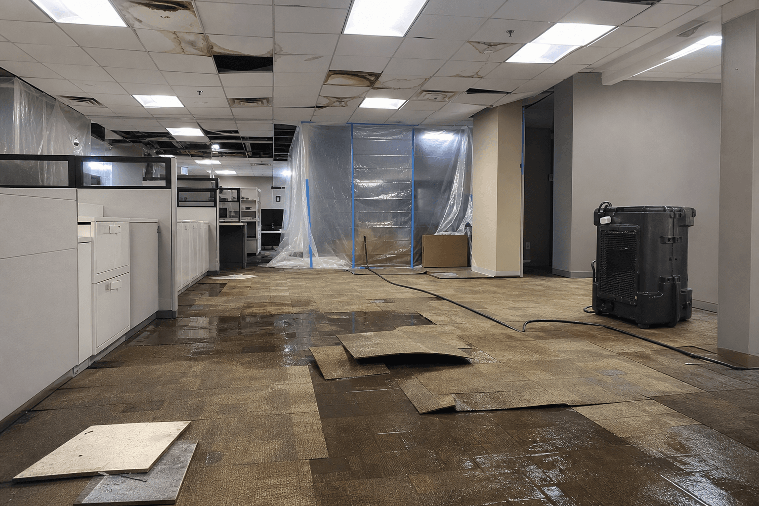 Commercial office with water-damaged ceiling tiles and wet flooring before mitigation