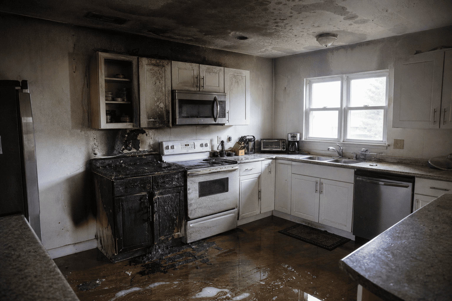 Kitchen cabinets and ceiling with soot and fire damage before remediation