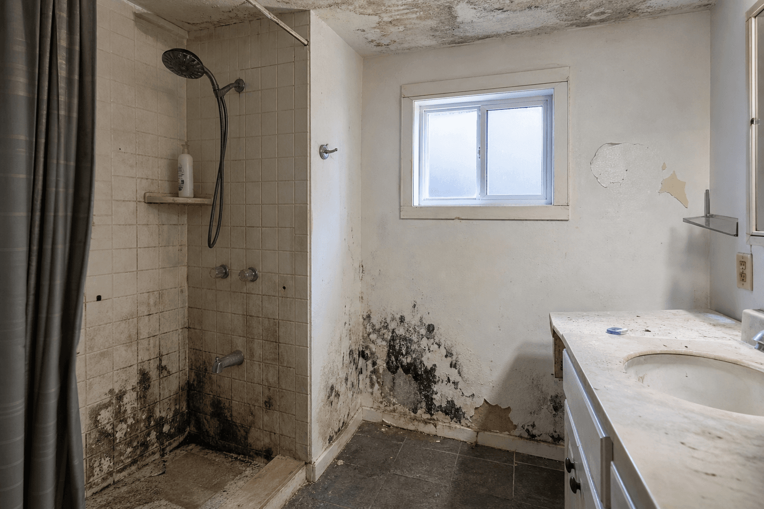 Bathroom wall and ceiling with mold and moisture damage before remediation