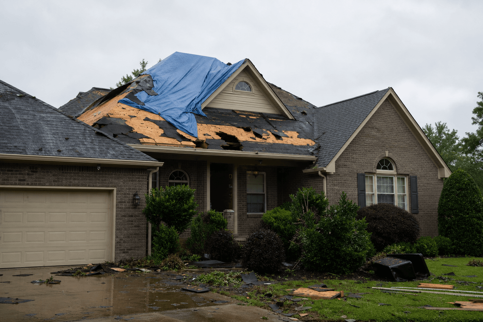 Storm-damaged roof with missing shingles before emergency tarping