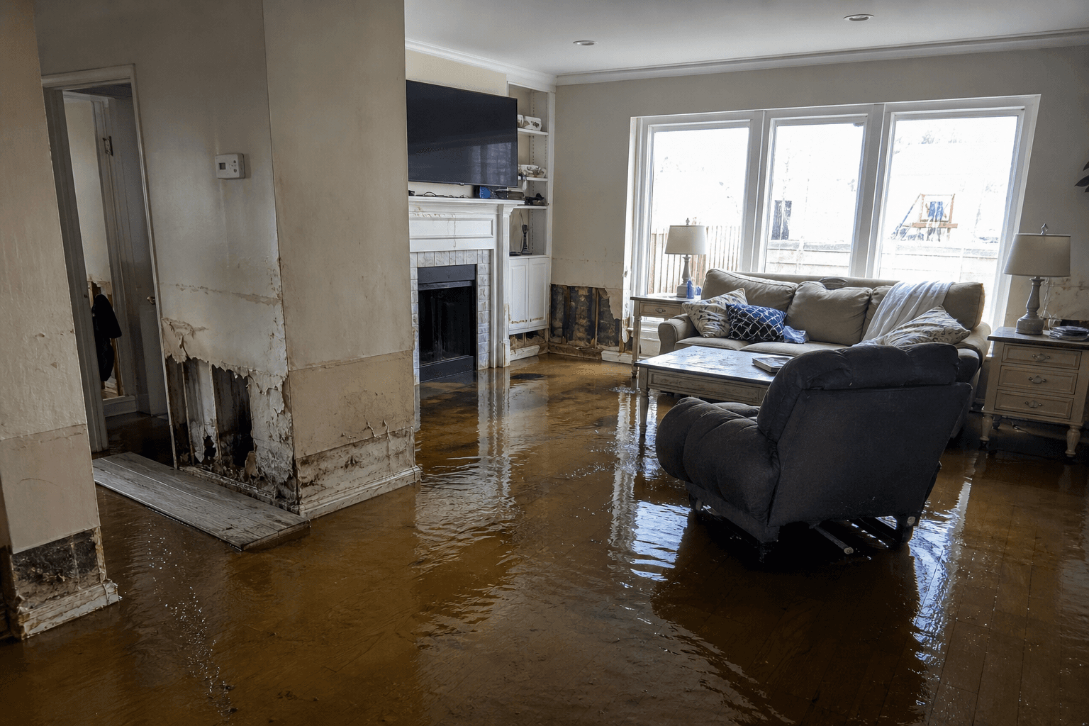 Flooded living room requiring water mitigation