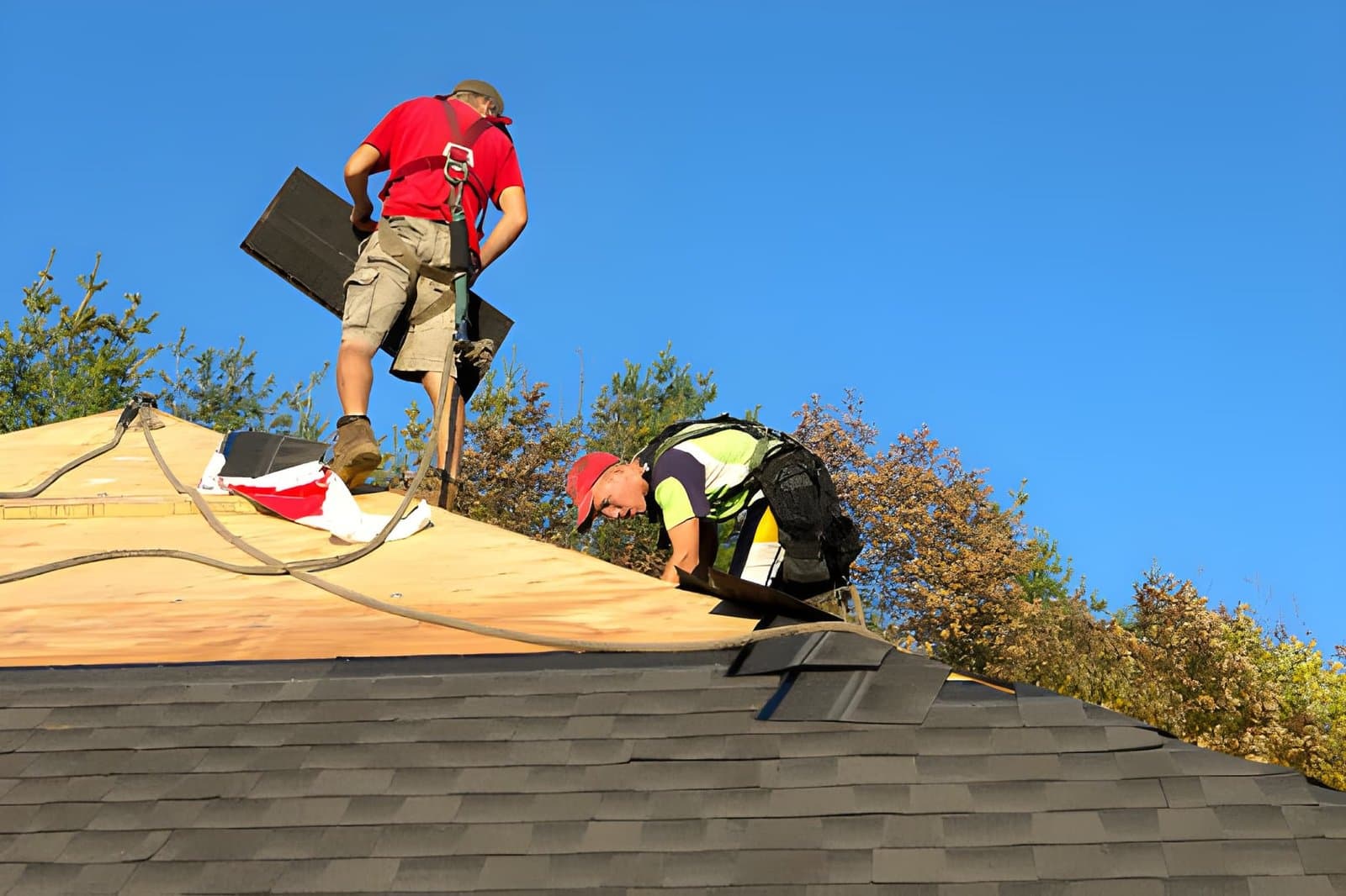 Roofers installing new asphalt shingles on a residential roof